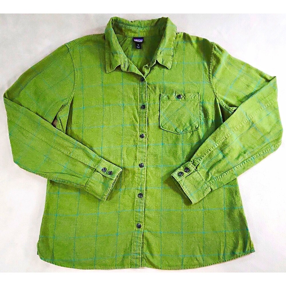 Patagonia Womens Green Plaid Organic Cotton Long Sleeve Shirt Size 12 (Large)